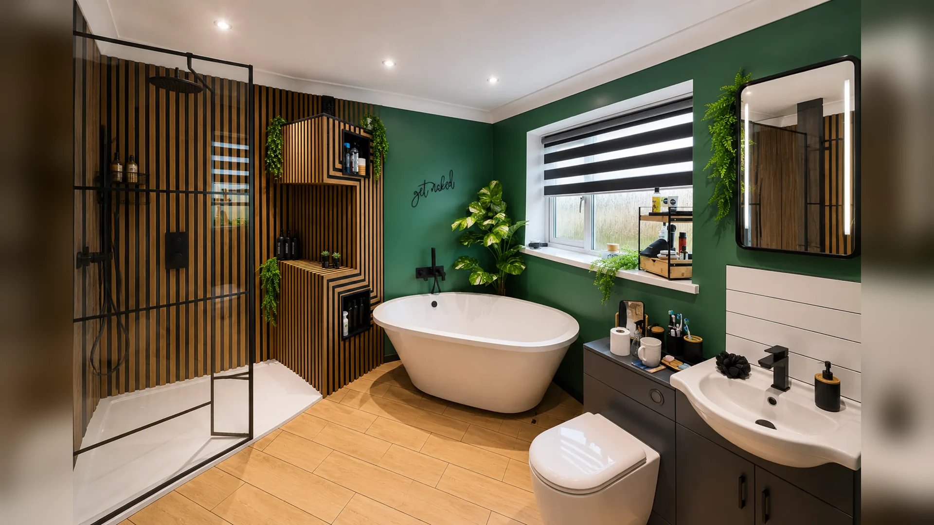 Bespoke green bathroom with freestanding bath, walk-in shower and timber feature wall
