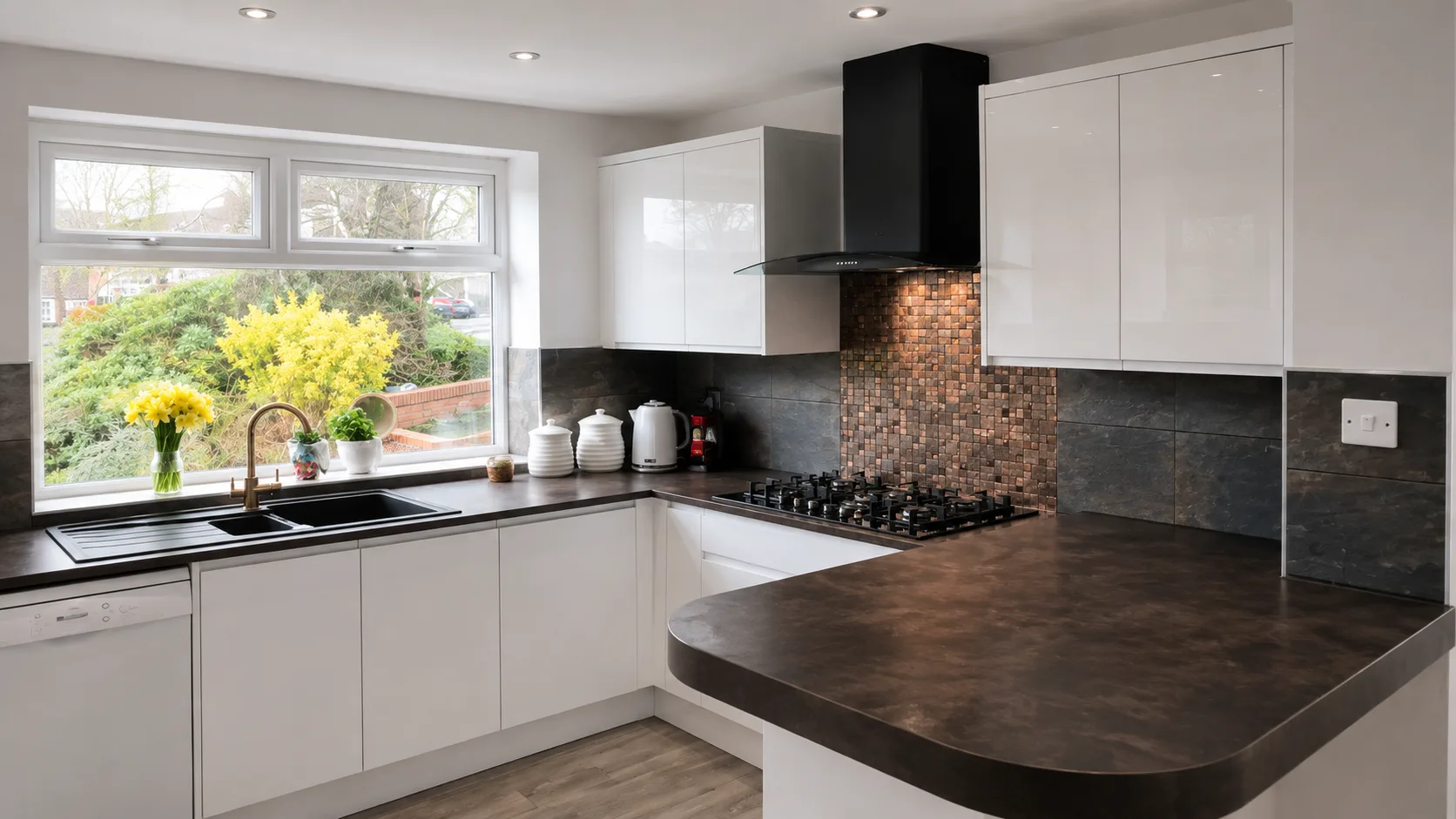 Contemporary white kitchen with dark worktops and feature splashback