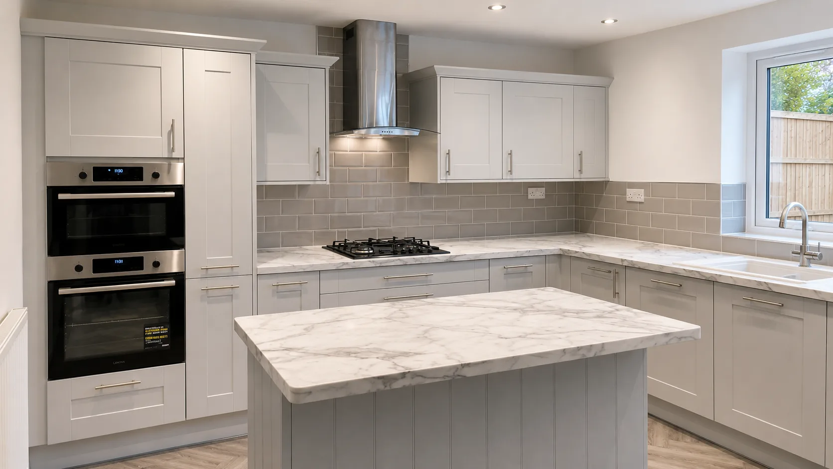 Bright fitted kitchen with marble island and grey cabinetry