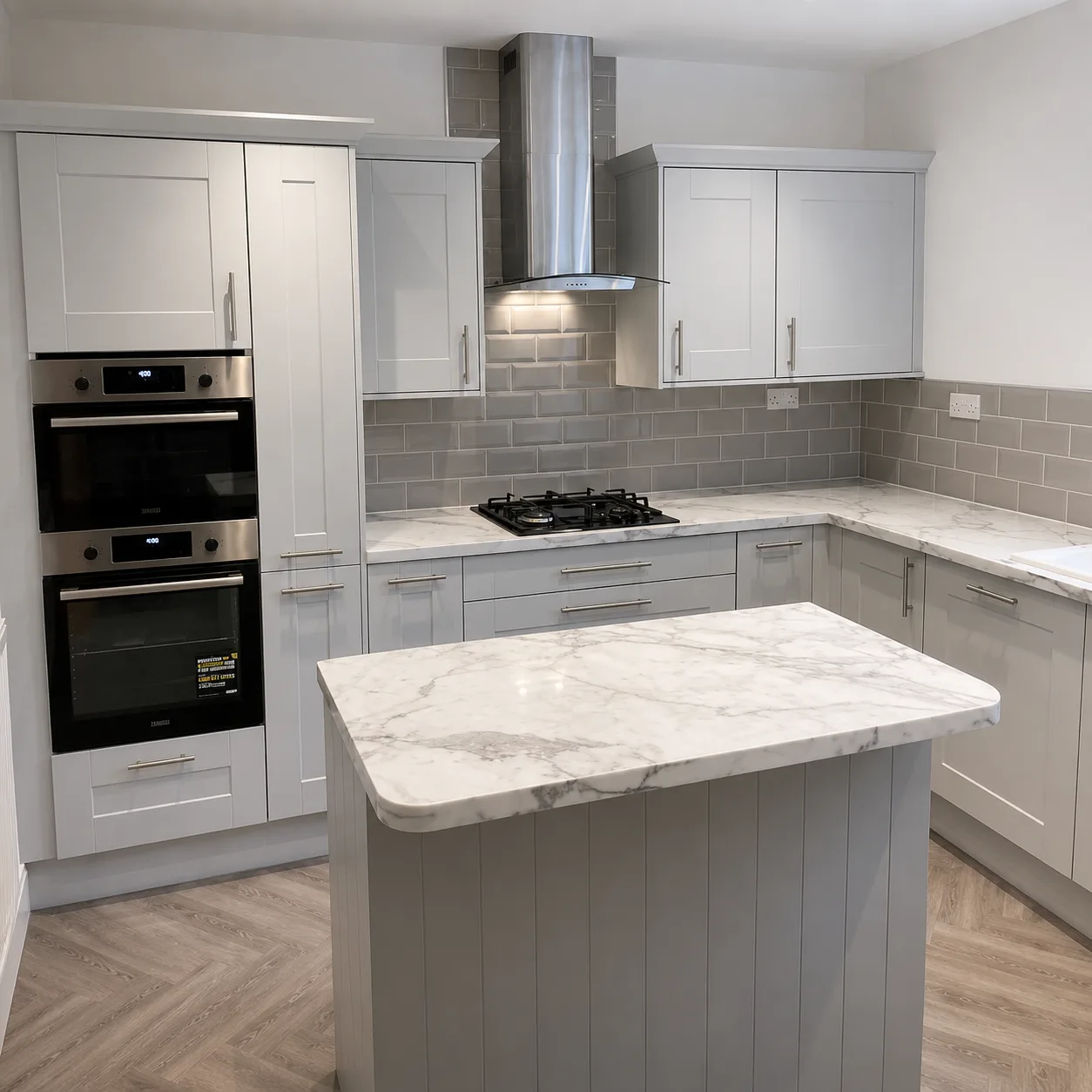 Fitted kitchen installation with marble island and grey cabinetry